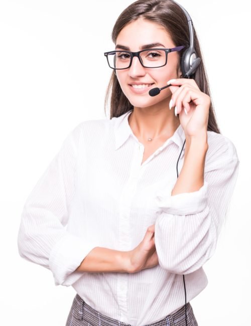 Pretty smiling girl in transperent glasses, wide smile, white shirt with headset isolated on white